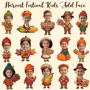 Puede incluir: Una colección de quince ilustraciones de estilo caricatura titulada Harvest Festival Kids Add Face, que muestra niños con varios accesorios, ropa y elementos de cosecha otoñales como calabazas, maíz, trigo y pasteles sobre un fondo claro.