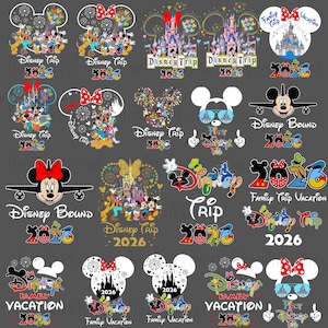 May include: A collection of Disney-themed designs featuring Mickey and Minnie Mouse, castles, and the text "Disney Trip 2026" and "Family Trip Vacation 2026". Designs include fireworks, airplanes, and various color schemes on a gray background.