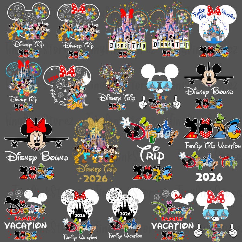 May include: A collection of Disney-themed designs featuring Mickey and Minnie Mouse, castles, and the text "Disney Trip 2026" and "Family Trip Vacation 2026". Designs include fireworks, airplanes, and various color schemes on a gray background.