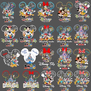 May include: A collection of Disney-themed designs featuring Mickey Mouse ears, characters, castles, and fireworks. Each design includes the text "Disney Trip" or "Disney Family Vacation" with the year 2026 or 2020.