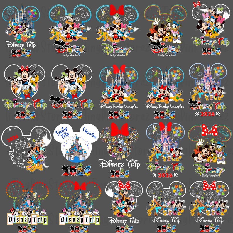 May include: A collection of Disney-themed designs featuring Mickey Mouse ears, characters, castles, and fireworks. Each design includes the text "Disney Trip" or "Disney Family Vacation" with the year 2026 or 2020.