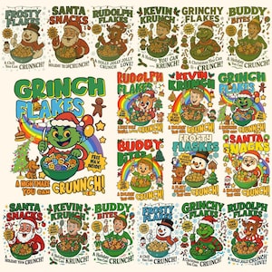 Könnte beinhalten: Eine Sammlung farbenfroher, Retro-Designs für Frühstücksflocken-Packungen zum Thema Feiertage. Jede Packung zeigt eine Cartoon-Figur, wie den Weihnachtsmann, den Grinch oder einen Schneemann, mit dem Namen der Flocken darüber. Text enthält "Grunnch!" und "Crunch!"