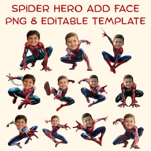 Könnte beinhalten: Ein digitales Grafikset mit dem Titel SPIDER HERO ADD FACE PNG & EDITABLE TEMPLATE, das elf Illustrationen eines Kindergesichts zeigt, das auf ein rot-blaues Superheldenkostüm in verschiedenen Action-Posen wie Hocken, Springen und Netzschießen montiert ist.