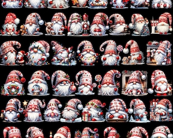 May include: A collection of Christmas gnomes with red and white patterned hats and long white beards. Each gnome has a unique design, some holding gifts, candy canes, or ornaments. The gnomes are set against a black background.