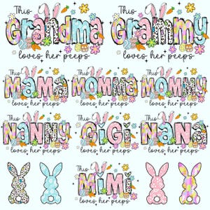 Op de afbeelding: Paasontwerpen met teksten als "Oma", "Mama" en "Nana", elk met konijnenoren en de zin "houdt van haar kuikens". De ontwerpen bevatten bloemen- en eimotieven, evenals konijnenillustraties.