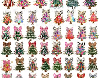 Preppy Christmas Tree PNG Bundle, Colorful Coquette Christmas Tree Png, Preppy Christmas Png, Faux glitter Gold Festive Ornament Art Holiday