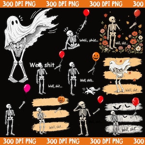May include: A digital collection of Halloween-themed illustrations featuring skeletons and ghosts. The graphics include skeletons holding red balloons, pumpkins, and a small dog, with the text Well, shit... appearing throughout the various designs.