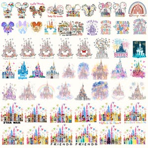 Puede incluir: Una colección de diseños gráficos coloridos que presentan castillos con temática de Disney, siluetas de Mickey Mouse, fuegos artificiales, arcoíris y varias ilustraciones de personajes con texto que incluye Disney Trip 2021, Magic Kingdom y Friends.