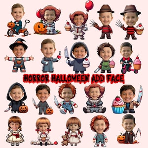 May include: A collection of twenty cartoon-style character illustrations featuring customisable faces, including figures dressed as horror icons with pumpkins, knives, cupcakes, and tricycles, with the text HORROR HALLOWEEN ADD FACE.