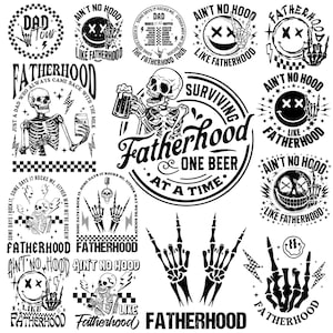 May include: A collection of black and white graphic designs with a rock and roll theme. The designs include skeleton hands, smiley faces, and text such as "Fatherhood" and "Ain't No Hood". The overall theme is edgy and masculine.