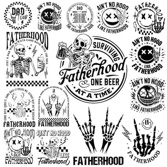 Fatherhood PNG Bundle, Dad Skull SVG PNG, Retro Grunge Father Designs, Funny Dad Quotes, Gothic Punk Dad Clipart, Digital Download