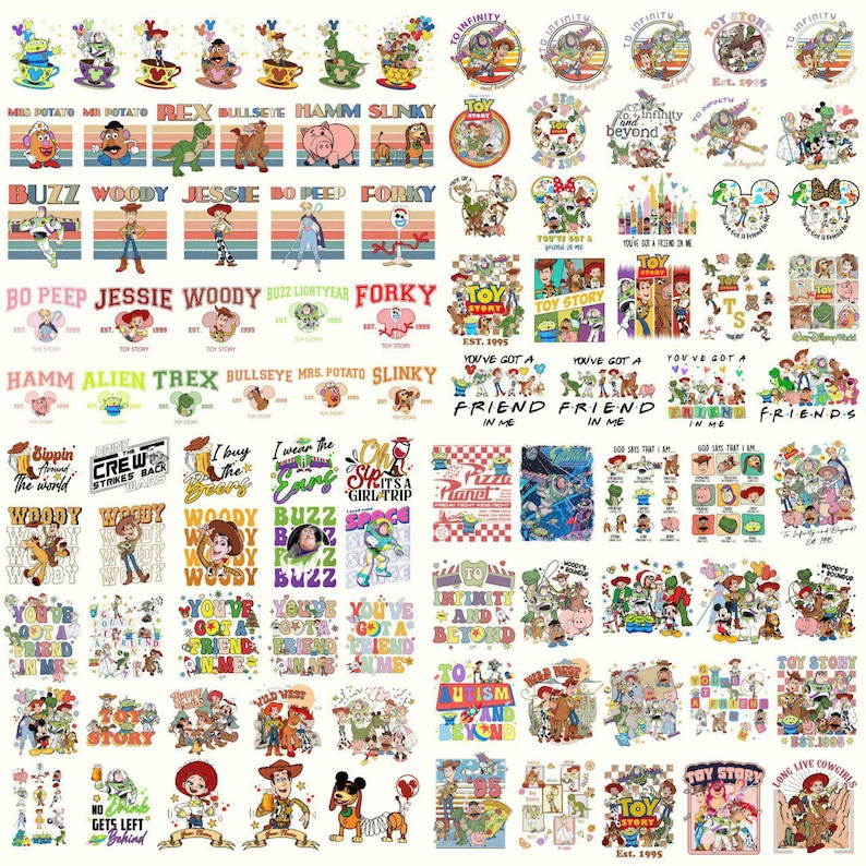 K&ouml;nnte beinhalten: Eine Sammlung farbenfroher Toy Story-Aufkleber und -Grafiken. Die Designs zeigen Charaktere wie Woody, Buzz Lightyear, Jessie und andere, zusammen mit S&auml;tzen wie "To Infinity and Beyond" und "Toy Story Est. 1995".
