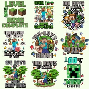 May include: A collection of Minecraft-themed designs featuring pixelated characters, text, and imagery. Designs include phrases like "100 Days of School", "Level Up", and "Mind Crafting". The color palette is primarily green, brown, and blue.