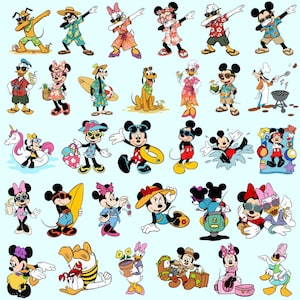 May include: A collection of cartoon characters, including Mickey and Minnie Mouse, Donald Duck, and Goofy, in various summer outfits. The characters are depicted in sunglasses, beach attire, and holding items like surfboards and drinks, set against a light blue background.