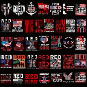May include: A collection of red-themed graphic designs with patriotic themes. The designs include text such as "Red Friday," "Support Our Troops," and "Remember Everyone Deployed," along with American flag imagery.