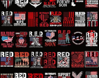 May include: A collection of red-themed graphic designs with patriotic themes. The designs include text such as "Red Friday," "Support Our Troops," and "Remember Everyone Deployed," along with American flag imagery.