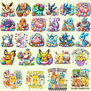 Pode incluir: Uma ilustração colorida de personagens de desenhos animados, incluindo Pikachu e Charmander, rodeados por ovos e cestas de Páscoa. O texto inclui "Happy Easter" e "Don't Worry Be Hoppy". Um design alegre e festivo.