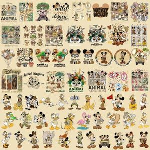 May include: A collection of Disney-themed images and graphics, featuring Mickey Mouse and friends in various safari and adventure settings. The designs include text like "Animal Kingdom" and "Wild About Disney."
