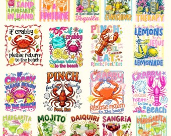 Summer Beach PNG Bundle, Coastal Cocktail Design, Crab Lobster Beach Quotes, Margarita Mojito Daiquiri Sangria PNG, Tropical Vacation Bundle