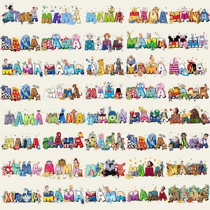 Peut inclure: Motif répété du mot "MAMA" dans différentes couleurs et polices, chaque lettre décorée de personnages de dessins animés. Le fond est de couleur beige clair. Les personnages incluent des personnages Disney et Marvel.