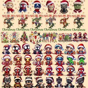 May include: A festive image featuring various superhero characters, including Spider-Man and Captain America, adorned with Santa hats. The design incorporates the text "ROLLING INTO" and "MERRY CHRISTMAS", creating a holiday theme.