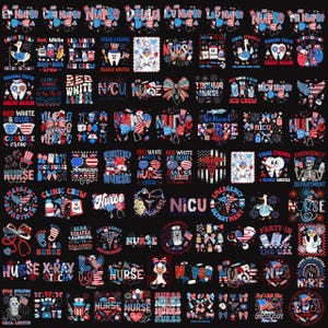Puede incluir: Una colección de diseños gráficos con temas patrióticos, con textos como "Nurse", "ICU Crew" y "Emergency Department". Los diseños incorporan colores rojo, blanco y azul, estrellas y rayas, adecuados para ropa o accesorios.