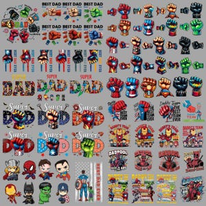 Può includere: Una collezione di disegni a tema supereroi, tra cui pugni, la parola "DAD" e vari personaggi. I disegni presentano colori vivaci e testi come "Super Dad" e "Best Dad Ever", adatti per la festa del papà o per i fan dei supereroi.