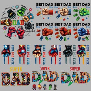 May include: A gray graphic design featuring various superhero-themed fists and the words "BEST DAD EVER" and "SUPER DAD." The design includes stars and small character illustrations, perfect for Father's Day gifts.