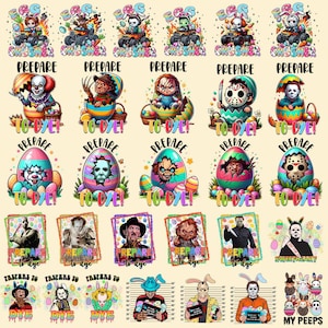 Puede incluir: Una colección de coloridos diseños temáticos de Pascua con personajes de películas de terror. Los diseños incluyen huevos, personajes en monster trucks y retratos de personajes. El texto incluye "Prepare to Dye" y "My Peeps".