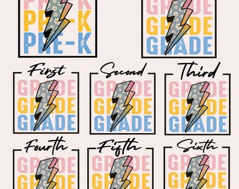 Pre-K to 6th Grade Lightning Bolt PNG, Retro Daisy Teacher Shirt Design, Back to School Sublimation