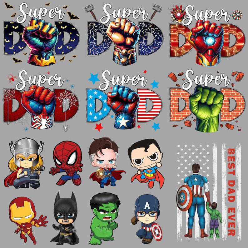 May include: A gray graphic featuring the words "Super Dad" with superhero-themed fists and characters. Includes Thor, Spider-Man, Doctor Strange, Superman, Iron Man, Batman, Hulk, and Captain America.