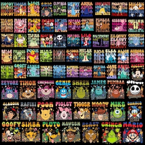 May include: A black background featuring a grid of colorful character names and illustrations. Characters include Disney and other animated figures like Mickey Mouse, Winnie the Pooh, and Mario. The names are in various fonts and colors.