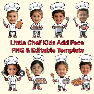 Pode incluir: Uma coleção digital de oito personagens de chef em estilo cartoon com rostos personalizáveis, vestindo chapéus de chef brancos, jaquetas brancas e calças xadrez. Cada personagem segura utensílios de cozinha ou itens de comida.