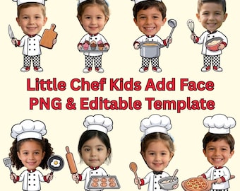 Little Chef Kids Add Face PNG Bundle, Cooking Kids Clipart, Baker Character Template, Editable Photo Insert, Kitchen Party Decor