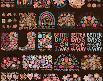 Boho Floral Quote Bundle, Rainbow Flower Affirmation PNG, Positive Saying Clipart, Mental Health Art, Digital Download