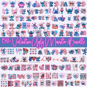 Könnte beinhalten: Eine Sammlung von Grafiken zum Valentinstag mit der Figur Stitch in verschiedenen Posen und Designs. Die Bilder sind in Blau-, Rosa- und Weißtönen gehalten, mit Herzen und dem Wort "Love". Der Text lautet "150+ Valentine Ugly Monster Bundle".