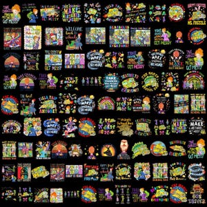 May include: A collection of colorful graphic designs featuring the phrase "Take Chances, Make Mistakes, Get Messy" and images of a school bus, Ms. Frizzle, and students. The designs are in various sizes and arrangements.