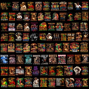 May include: A collection of graphic t-shirts with various designs, including images of boots, cowboys, and text such as "Juneteenth" and "Boots on the Ground." The shirts feature a variety of colors and styles, with a focus on cultural themes.