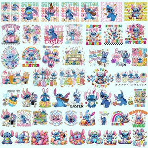 May include: A collection of colorful Easter-themed designs featuring the character Stitch. The designs include Stitch with Easter eggs, bunnies, and text like "Happy Easter" and "Easter Vives".