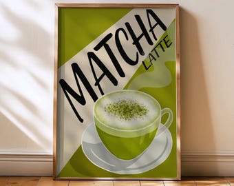 Matcha Latte Retro Mid Century Modern art print - Quirky modern home wall art for cafe coffee station kitchen, Green matcha trendy poster