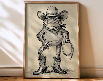Poster rétro cowboy grenouille - art fantaisiste amateur de grenouilles pour la cuisine ou la maison, cadeau d'art inspiré des grenouilles et des cow-boys