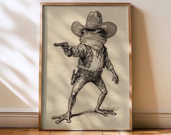 Poster imprimé grenouille style rétro cow-boy - impression d'art vintage amateur de grenouilles pour salon de cuisine, pour les amateurs de grenouilles et de cow-boys occidentaux