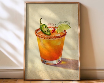 Spicy Margarita Print - Spicy Marg Cocktail Home Bar Poster, Cocktail Poster for Kitchen or Lounge, Trendy retro Cocktail Art Print