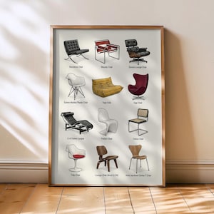 May include: A framed print displaying illustrations of classic chair designs, such as the Barcelona Chair, Wassily Chair, and Eames Lounge Chair. The artwork presents a range of mid-century modern and contemporary furniture styles, with each chair's name beneath its image. The frame is a warm, natural wood colour.