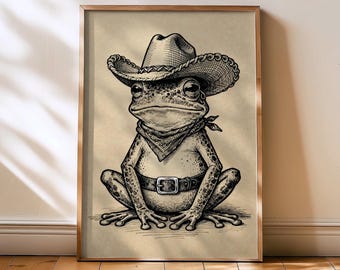 Funny Vintage Cowboy Frog Print Poster - Funny frog lover artwork for kitchen or home, retro funny frog art