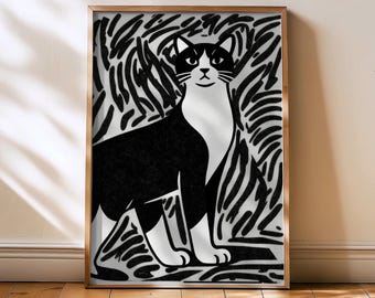 Black and white Cat print for living room home decor - Monochrome abstract cat lover art print - Christmas gift for Tuxedo Cat owner