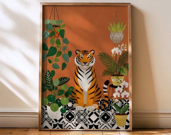 Vintage Tiger Art Print - Boho Poster Print Tiger Home wall art, Wildlife retro Home lounge living room decor, Bauhaus animal wall art