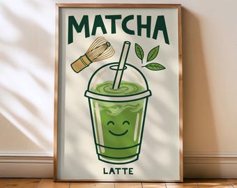 Matcha Cute Art Print - Matcha wall poster for home cafe coffee bar, Kitchen prints wall art Matcha Latte colorful trendy gift