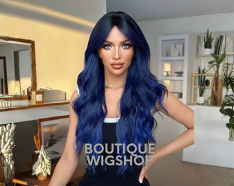 Long Dark Blue Wavy Wig with Bangs – Heat Resistant, Synthetic Fiber