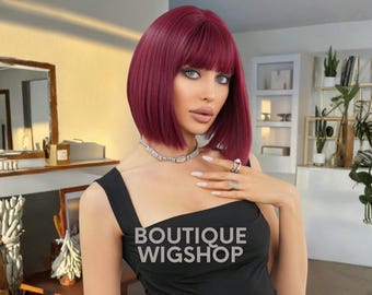 Perruque carrée bordeaux avec frange, cheveux synthétiques soyeux